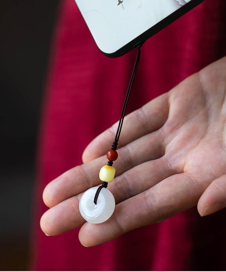 博皓定制和田白玉平安扣手机链挂件男女情侣好吊坠蜜蜡u盘挂链天然