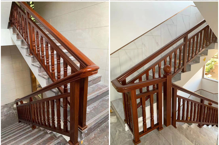 东莞铝合金楼梯扶手室内阳台栏杆护栏铁艺柚木纹玻璃扶手上门安装80