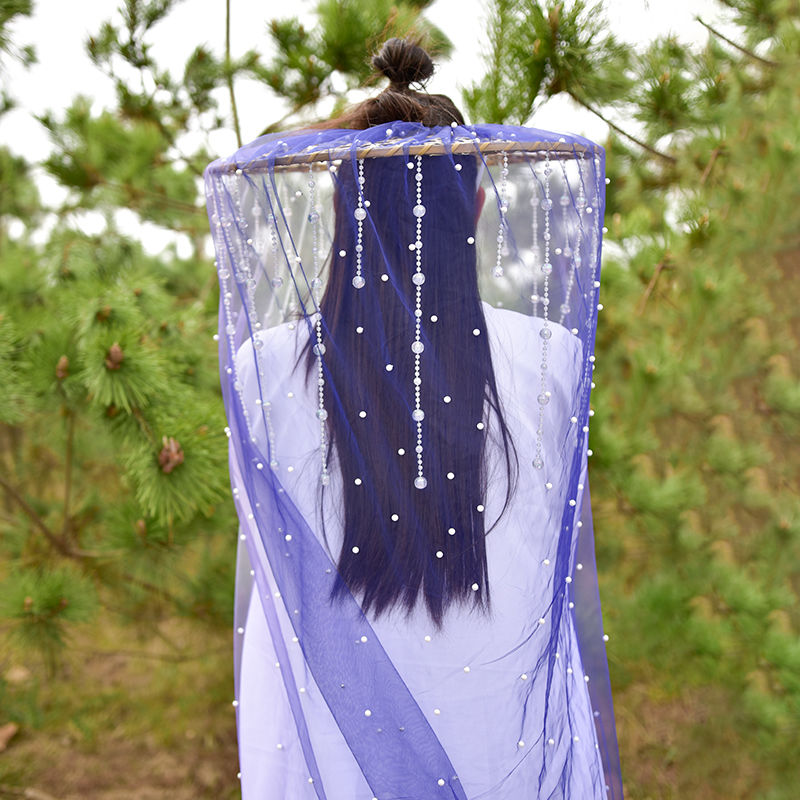 心墨染新品面纱古风古装帽子面纱斗汉服帽子女斗笠古风流苏水晶帘帷幕