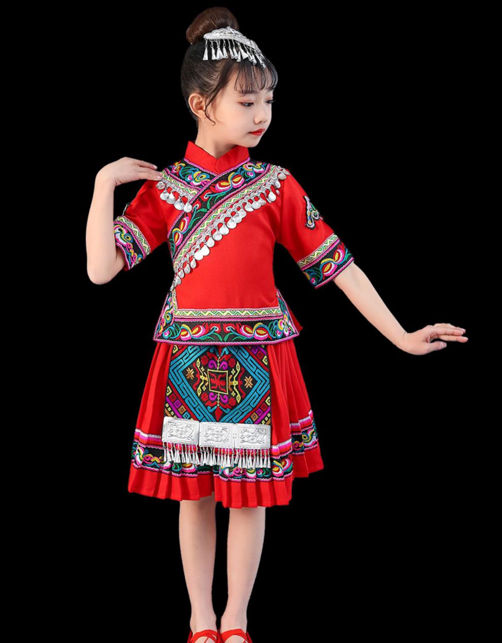 儿童壮族服装演出服女童少数民族苗族土家族舞蹈服瑶族表演三月三小