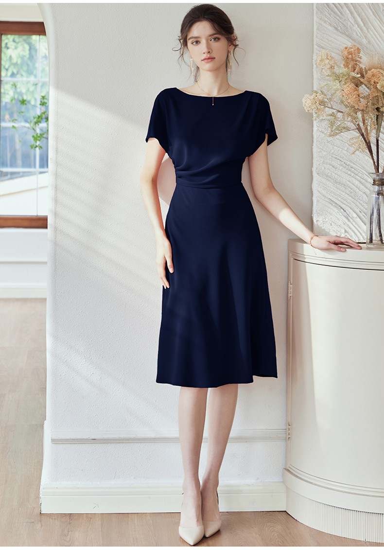 roeyshouse罗衣知性连衣裙女2022夏装新款气质蝙蝠袖褶皱大摆裙06560