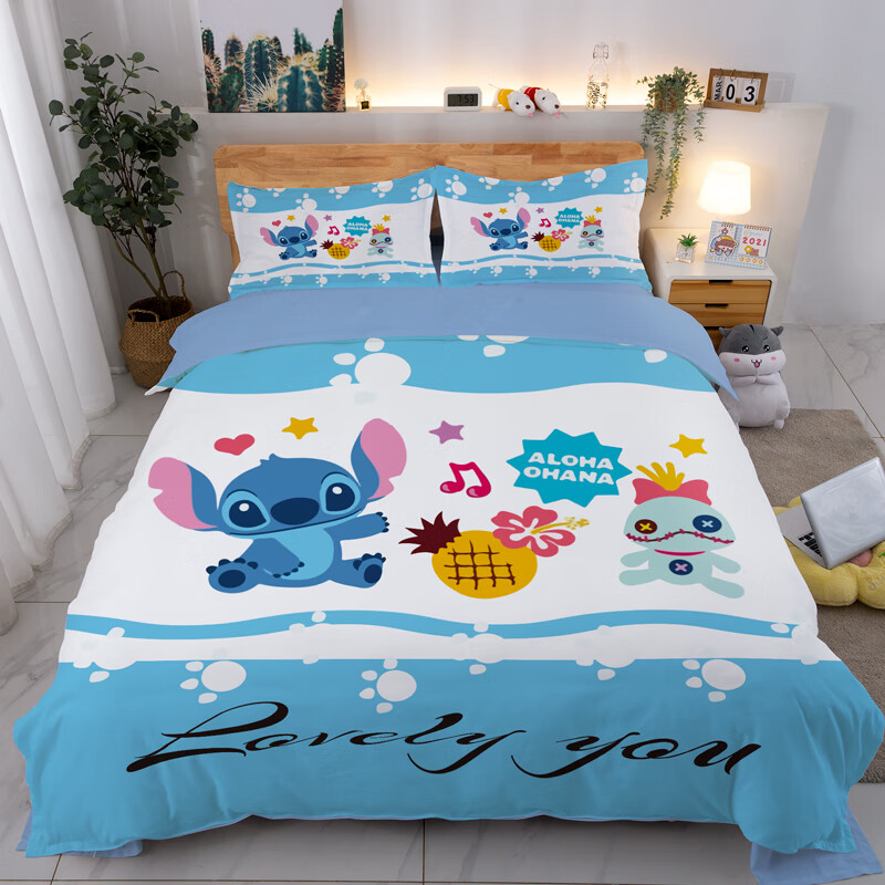 可爱史迪仔四件套星际动漫卡通床上四件套被套史迪仔单人床学生宿舍