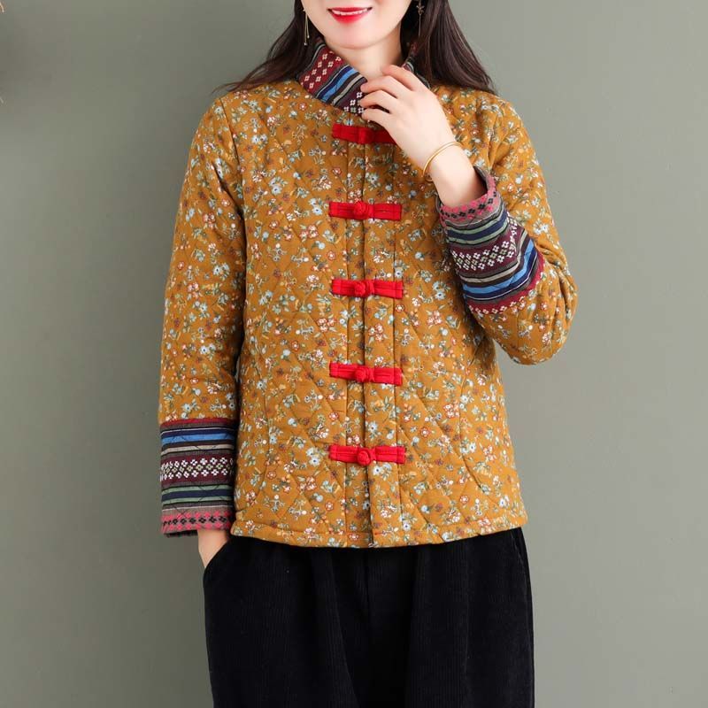 棉服女秋冬新款棉麻棉袄短款加厚小外套民族风复古棉服碎花立领花棉衣