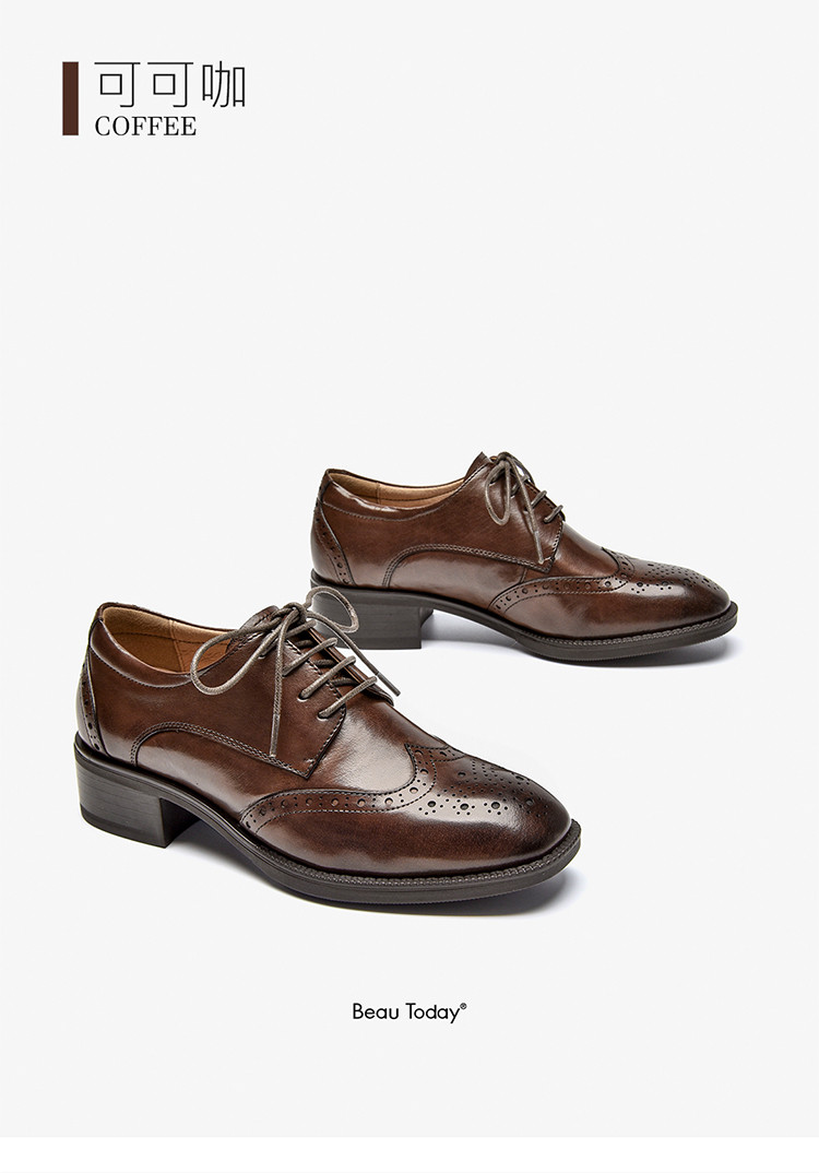 beautoday复古布洛克女鞋春夏季英伦风牛津鞋雕花粗跟小皮鞋中跟德比