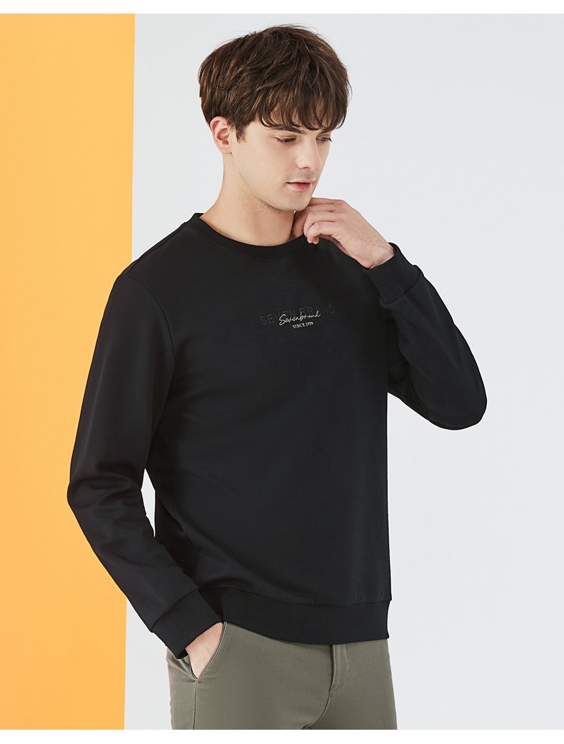 柒牌男装卫衣 2022秋季新款青年男士圆领刺绣休闲长袖秋装上衣潮 黑色