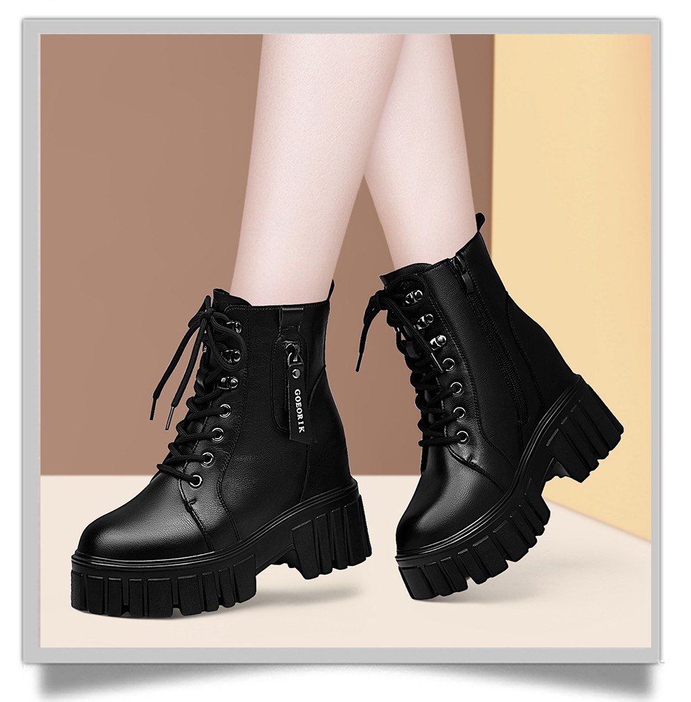 60短靴女秋冬季新款女鞋子冬鞋厚底内增高马丁靴女英伦风棉皮鞋黑色