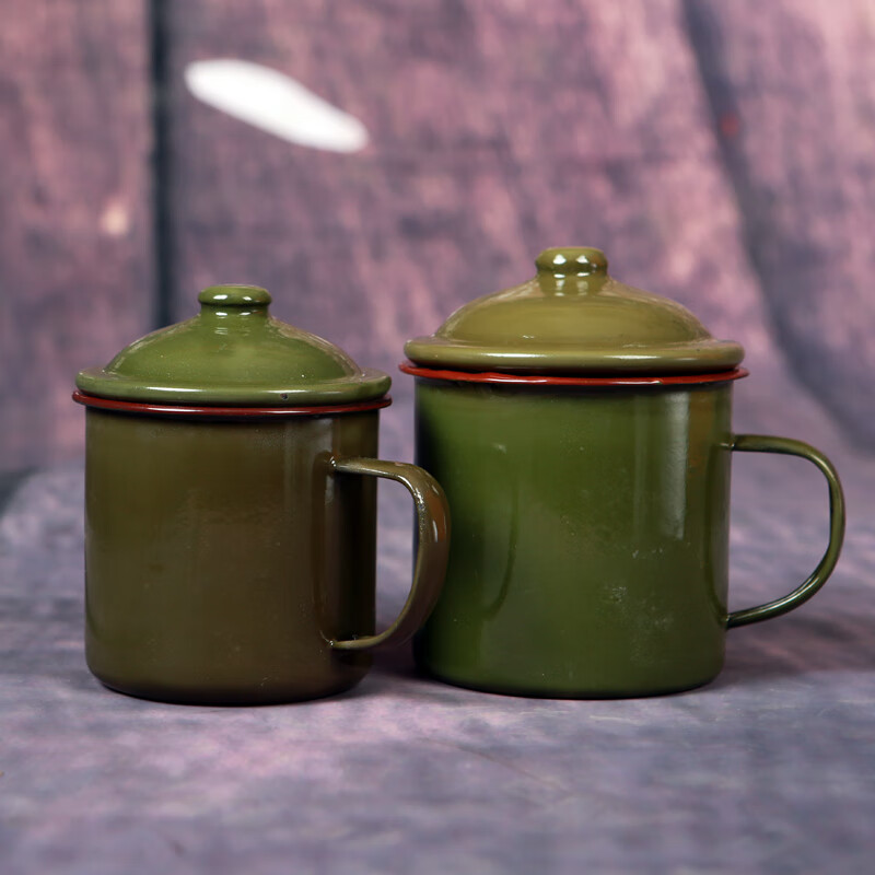 60铁水杯怀旧搪瓷杯子复古军绿色搪瓷茶缸子老干部茶杯经典带盖铁