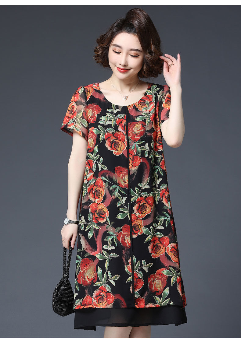 意枕上加肥加大码女装夏装连衣裙女胖mm大码遮肚短袖过膝连衣裙大码