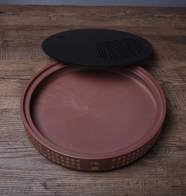 漏水茶盘圆形紫砂宜兴紫砂茶盘心经养壶托盘双储水式圆形茶海干泡茶台