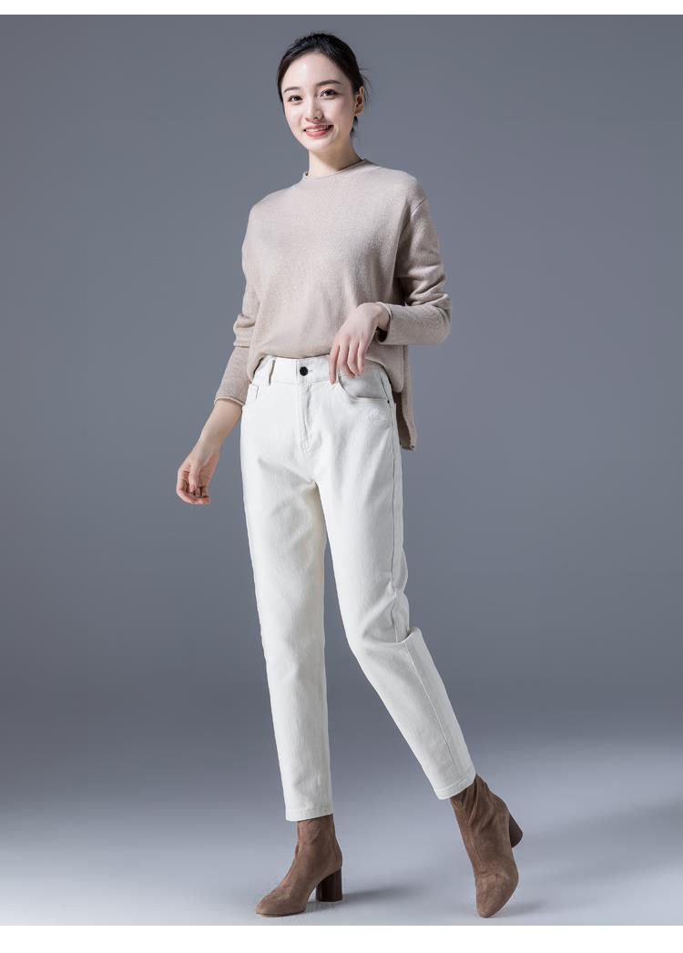 牛仔裤女2021秋冬新款烟管萝卜加绒老爹裤女士裤子九分裤潮 米白色 九