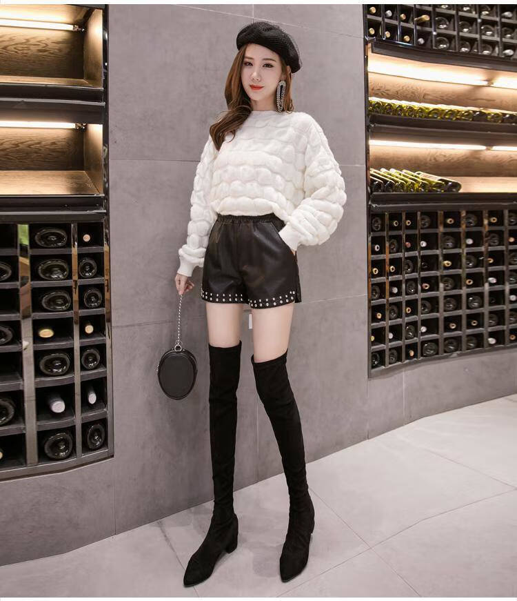 秋冬新款内搭皮裤女皮短裤女秋高腰韩版学生珠钉宽松阔腿裤短款外穿