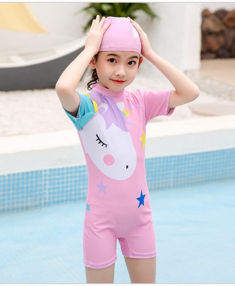 女孩泳衣套装可爱网红ins风儿童游泳带帽子311岁儿童连独角兽紫色带帽