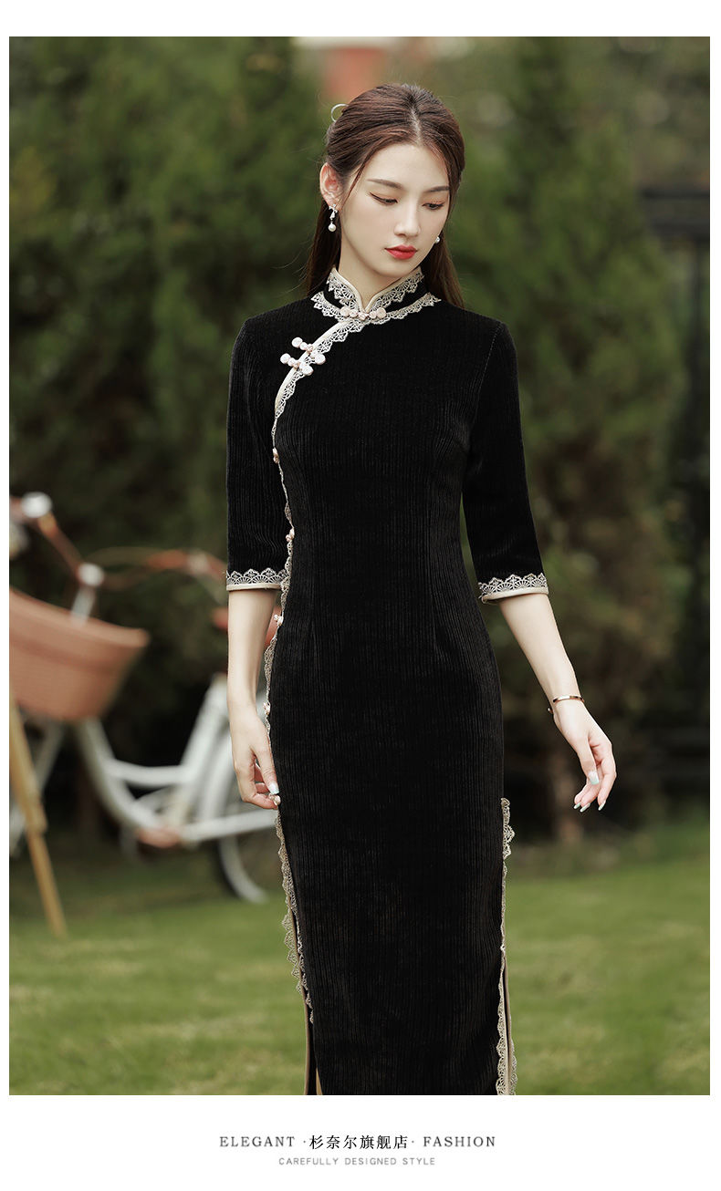 旗袍黑色改良版旗袍女春季2022年新款中国风复古高端气质优雅长袖春秋