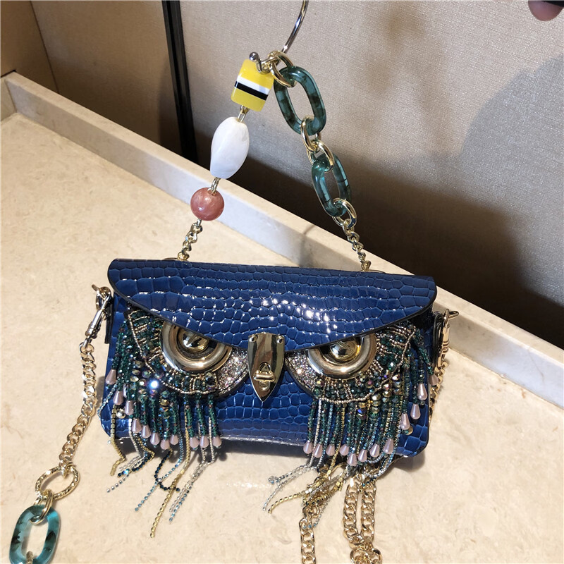 猫头鹰换脸女士单肩斜挎包信封包牛皮可替换眼睛面具包个性链条包逅枫