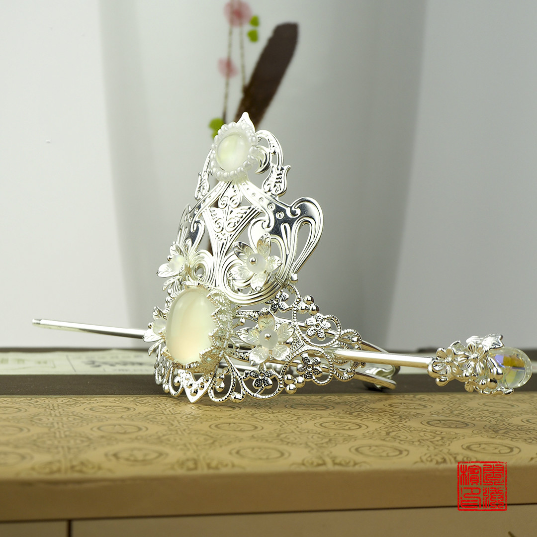 手工【凌霄】发冠汉服头饰男女款仙侠古风礼物丸子头 银色 惊鸿发簪