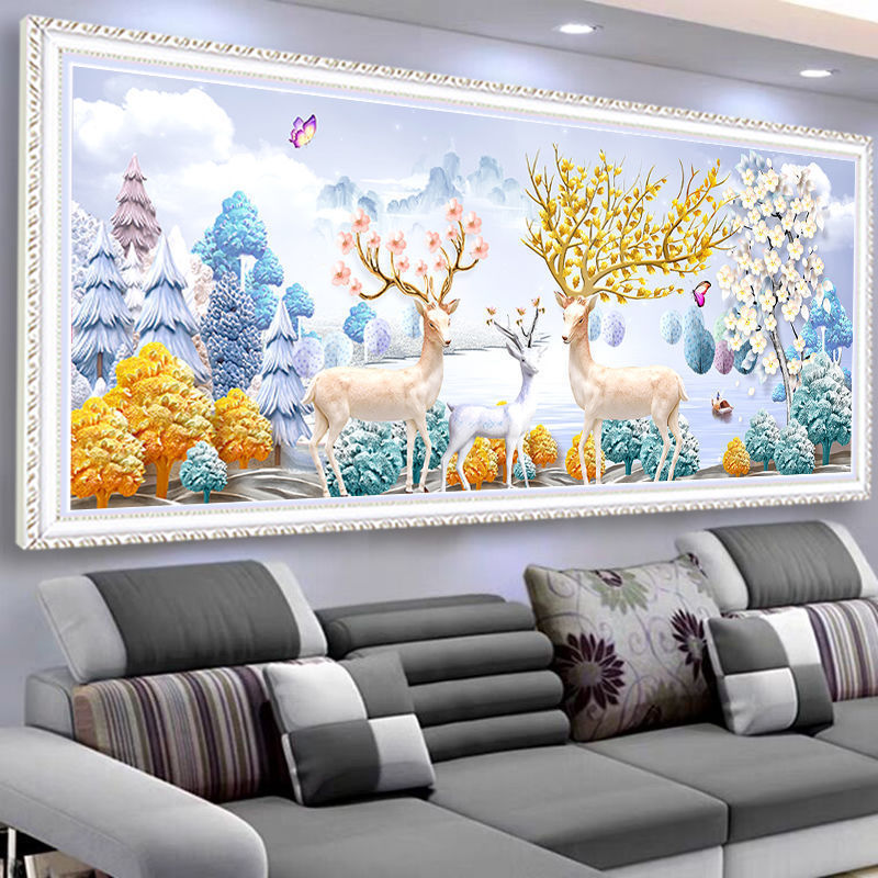 精选2021新款钻石画满钻客厅点钻十字绣家和万事兴发财麋鹿钻石粘贴画