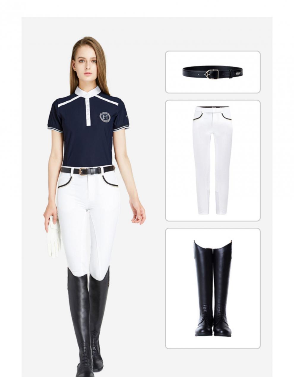 马术服衬衫polo衫短袖骑马服装女t恤比赛套装用品 白色短袖粉标 xs