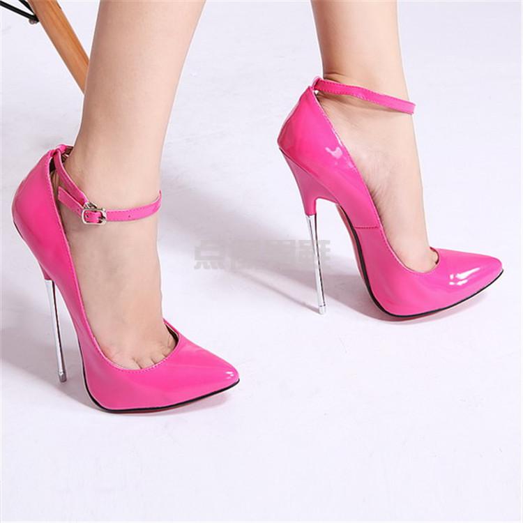 16厘米漆皮高跟鞋新款金属跟细跟超高跟鞋伪娘变装反串腕带情趣单鞋