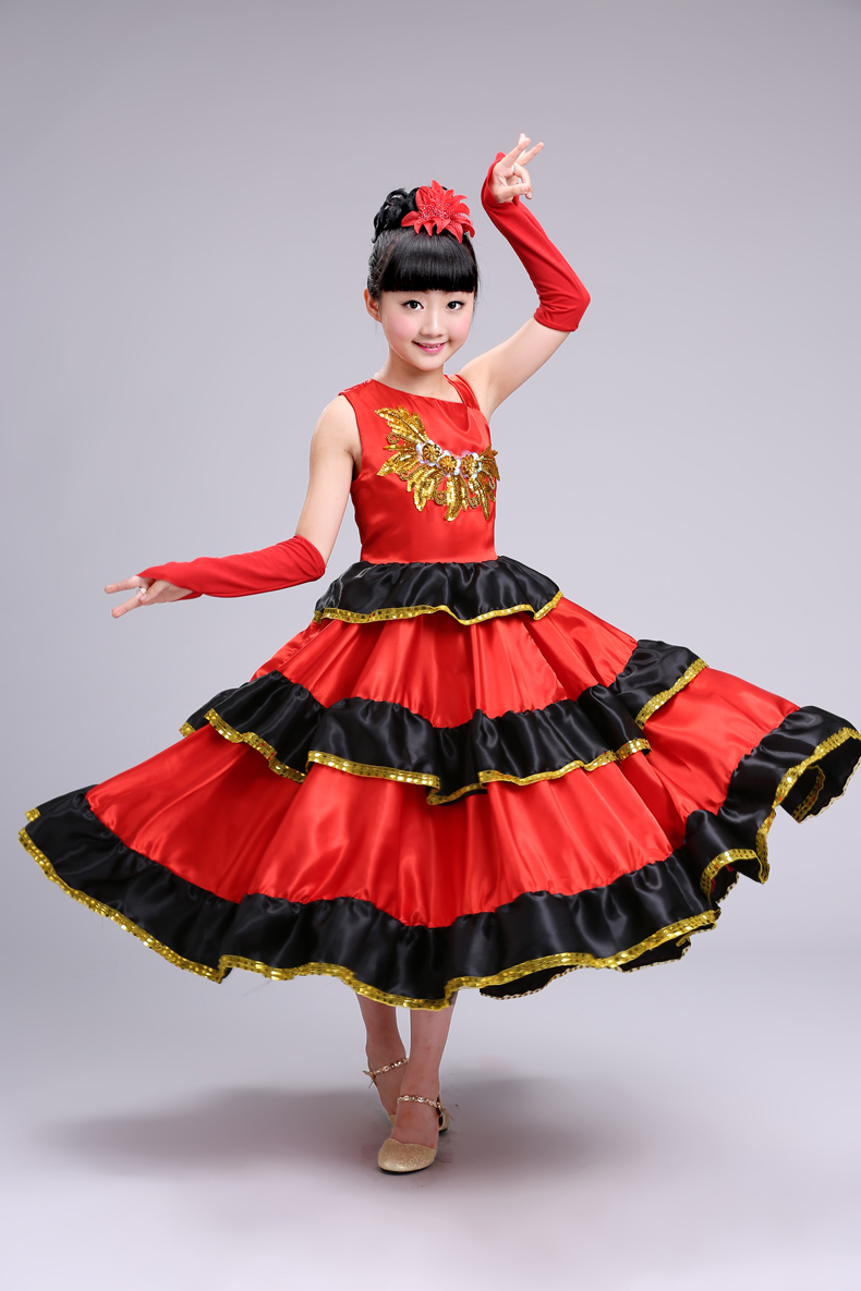 西班牙斗牛舞裙六一儿童舞蹈表演服装斗牛舞演出大摆裙少儿开场舞练习