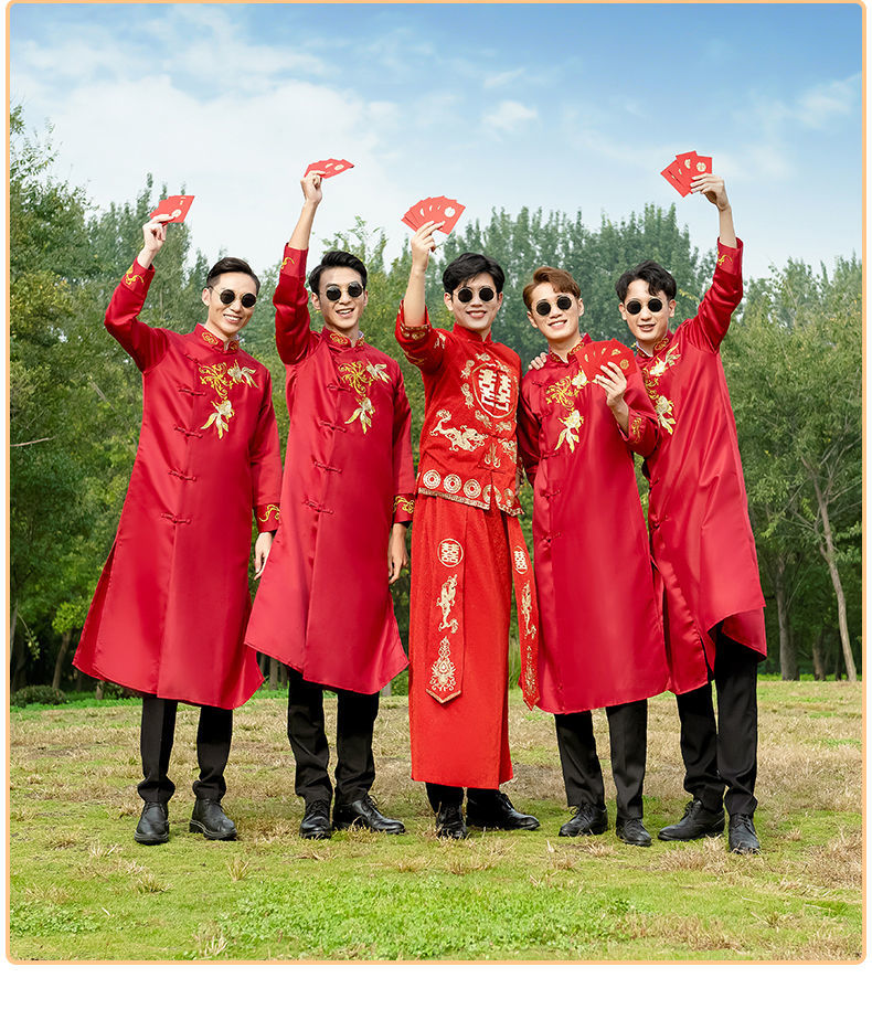 团礼服男士相声服大褂长衫中国风婚礼唐装马褂 伴郎-金钱飘带酒红色