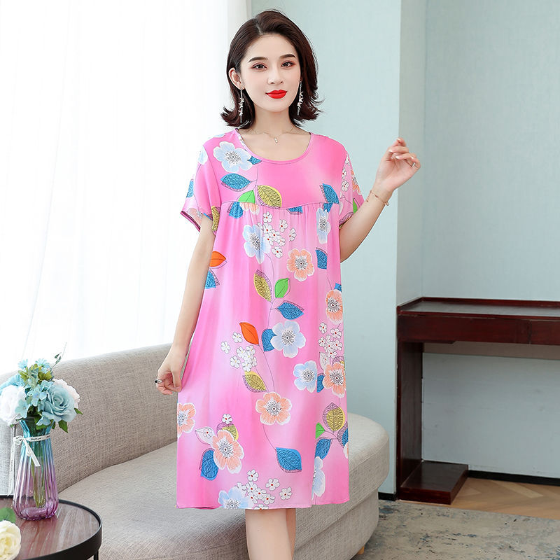 亲肤棉绸睡裙女夏中老年睡衣人造棉连衣裙中长款宽松大码家居服妈妈装