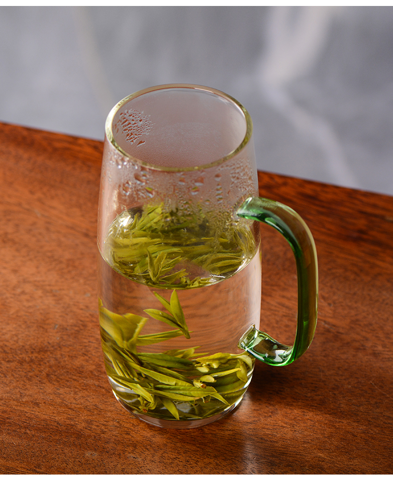 玻璃杯子家用花茶杯办公个人专用玻璃杯镶饰彩把绿茶杯黄把貔貅吊坠绿