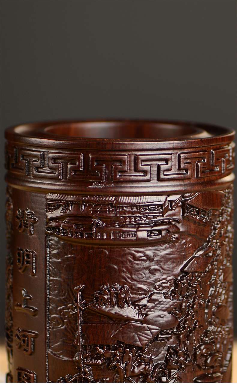 仙莱阁木雕精雕清明上河图笔筒工艺品办公室家居客厅木质笔筒摆件礼