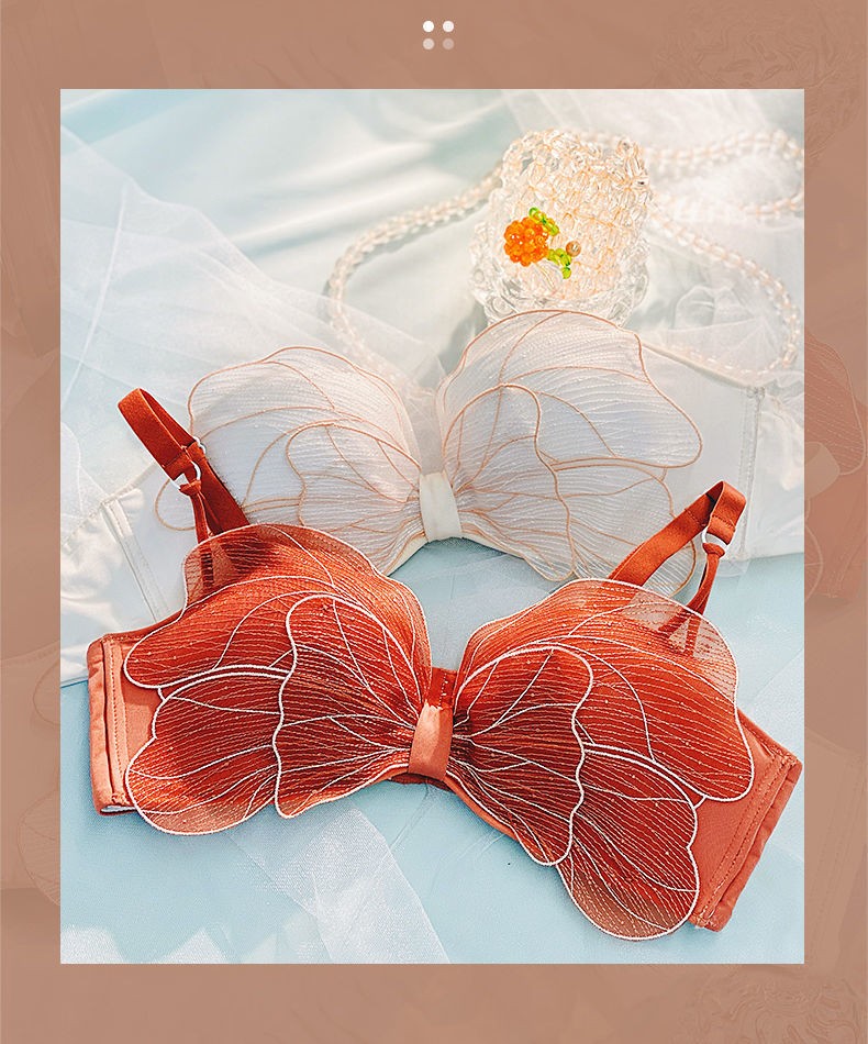 60内衣女刺绣蝴蝶蕾丝少女上托收副乳无钢圈文胸艾优香槟色3475ab同