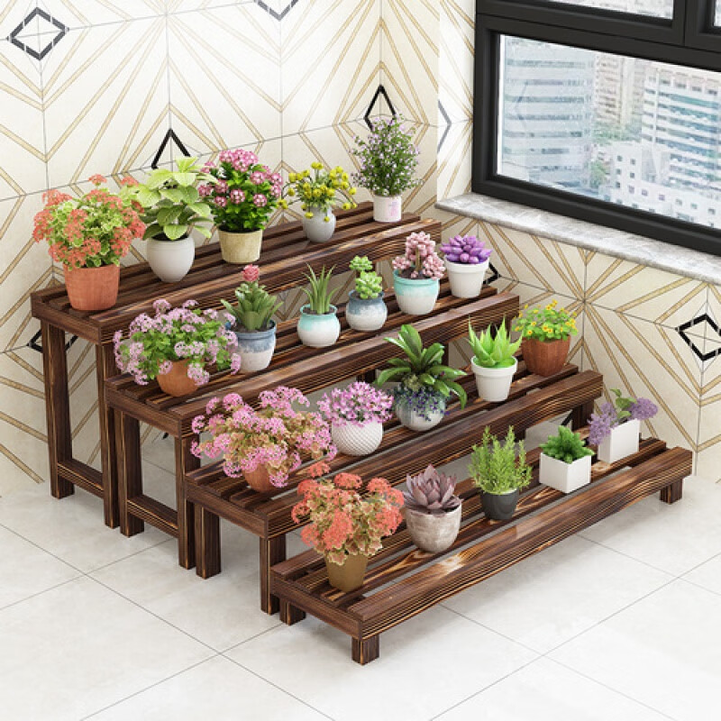 班奇盾  现代简约阳台木质花架子实木 实木花架家用阶梯多肉植物多层阳台落地置物防腐木室内外花盆架子 长款长60宽25高40