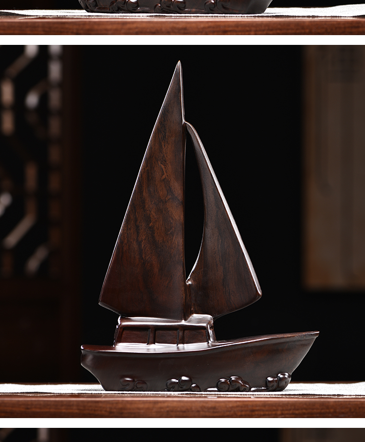 60一帆风顺帆船摆件实木雕刻黑色新中式家居客厅车内装饰工艺品一帆