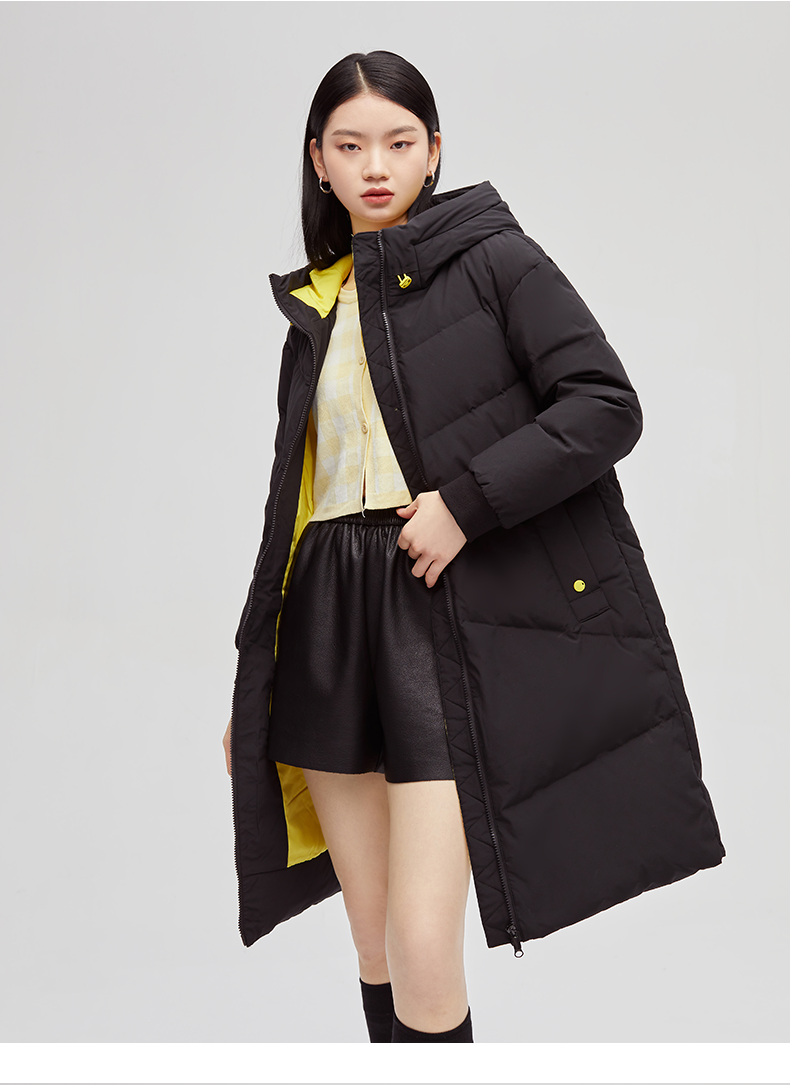 艾莱依冬季新款中长款连帽羽绒服女随性外套6019aa01090黄底色花155