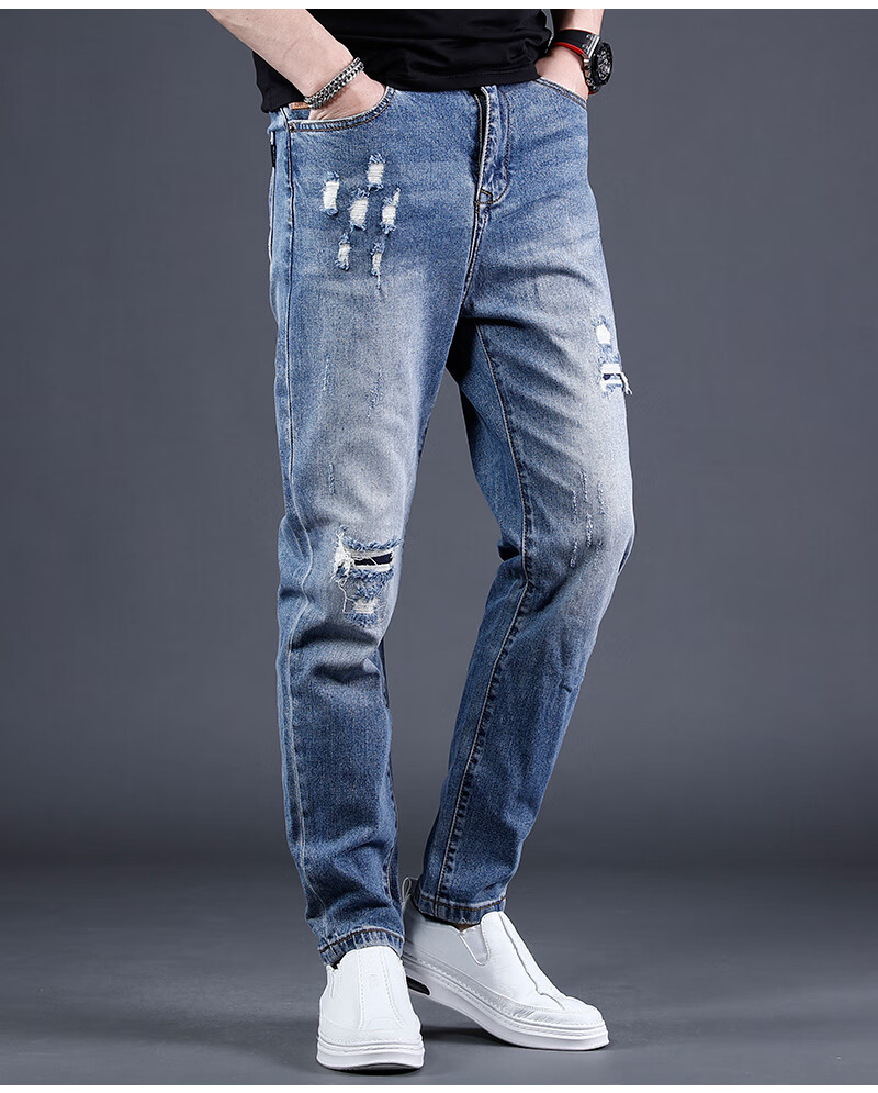 aemape美国苹果夏季新款破洞牛仔裤男直筒宽松蓝色休闲男士牛仔裤潮流