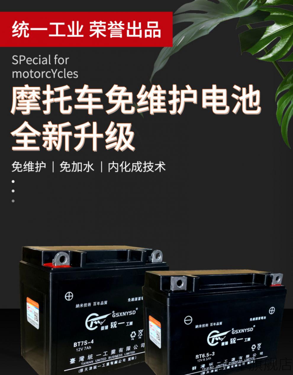 统一工业摩托车电瓶12v免维护通用7a9a125踏板弯梁助力车干蓄电池二号