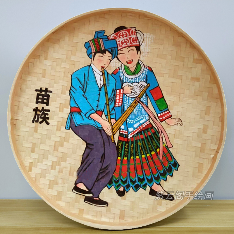 个民族风竹编画客厅包间农家乐装饰画户外室内手绘簸箕墙饰挂画 满族
