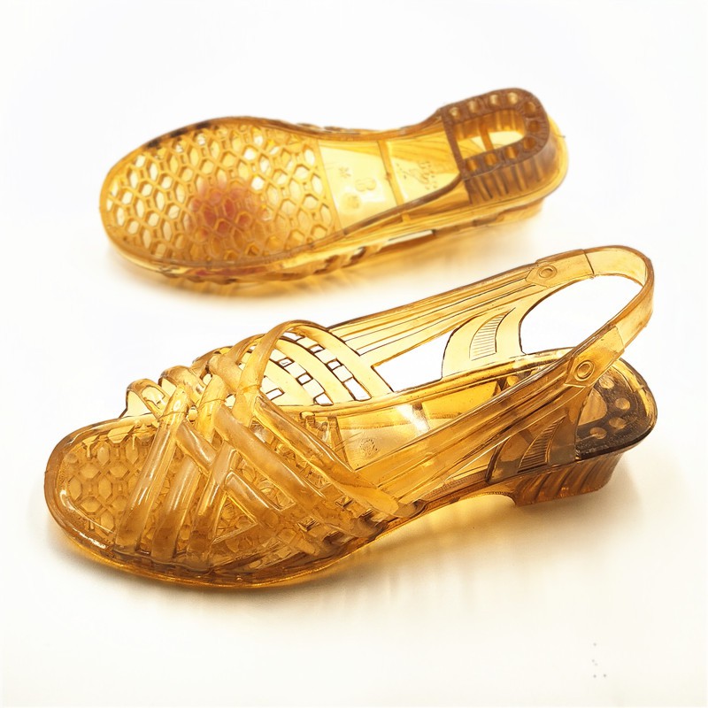 塑料凉鞋女女坡跟塑料奶奶拖鞋果冻鞋透明水晶鞋纯色夏季沙滩鞋灰色