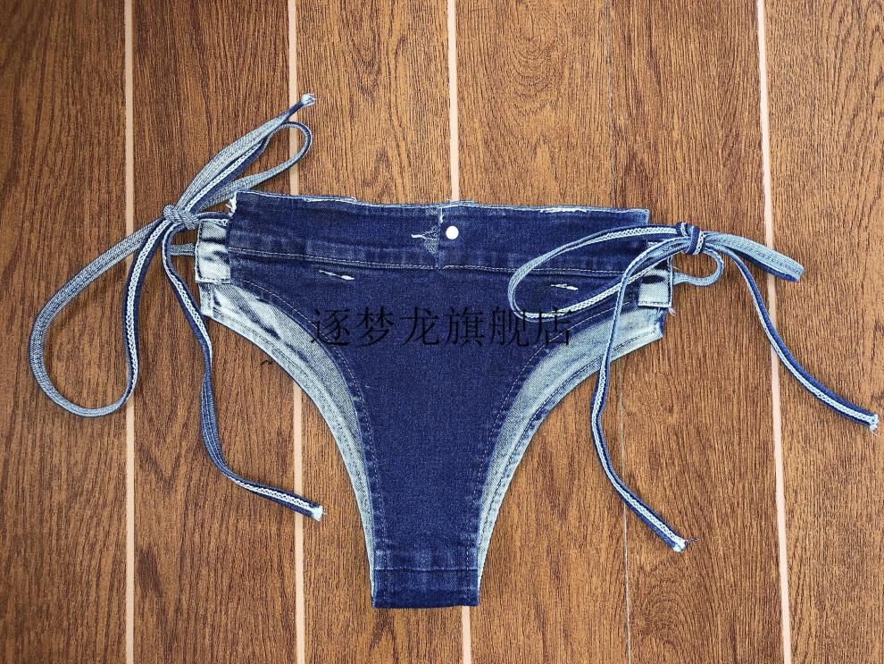 桃爷家2022辣妹性感牛仔比基尼沙滩套装ins欧美网红挂脖分 牛仔裤子 s