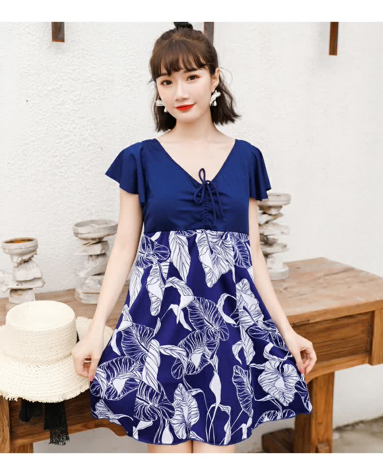 新品女士泳衣温泉性感大码连体遮肚显瘦宽松保守胖mm游泳衣8955绿色m