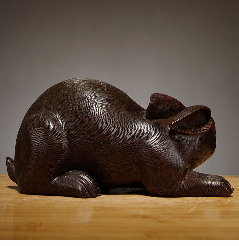 友漾木雕刻兔子摆件三合动物十二生肖木兔家居客厅装饰红木工艺品精雕