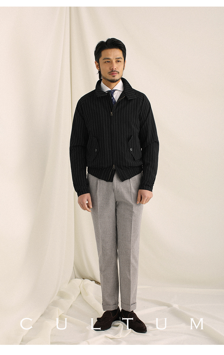 猎装游猎夹克舒适泡泡纱面料春季条纹哈灵顿男修身立领休闲外套黑色