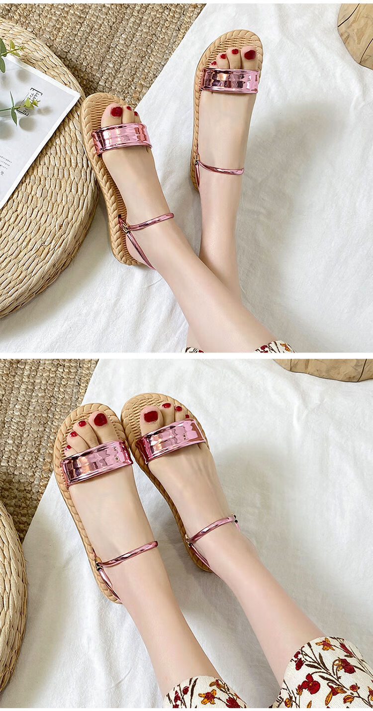 凉鞋女平底夏罗马鞋凉鞋女夏季学生软底平底露趾t型两穿韩版罗马鞋