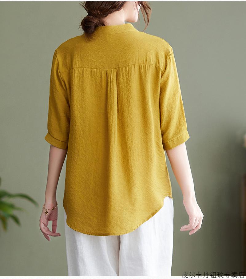 高档品牌棉麻上衣女夏装2022新款复古时尚宽松遮肚子中年妈妈小衫亚麻
