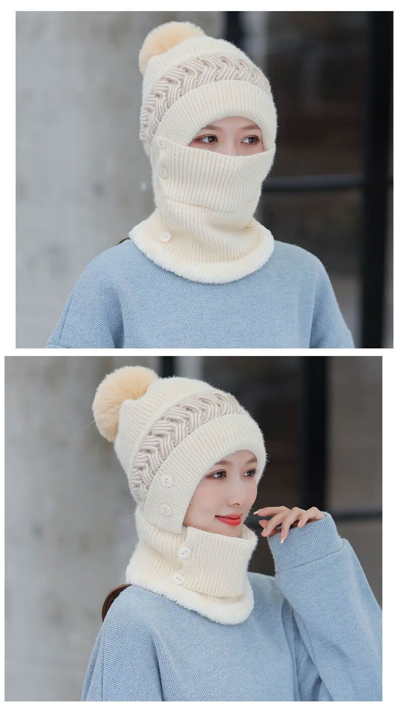 玉贝梵 2022新款帽子套装新款加绒针织帽女士围脖连体帽子韩版学生