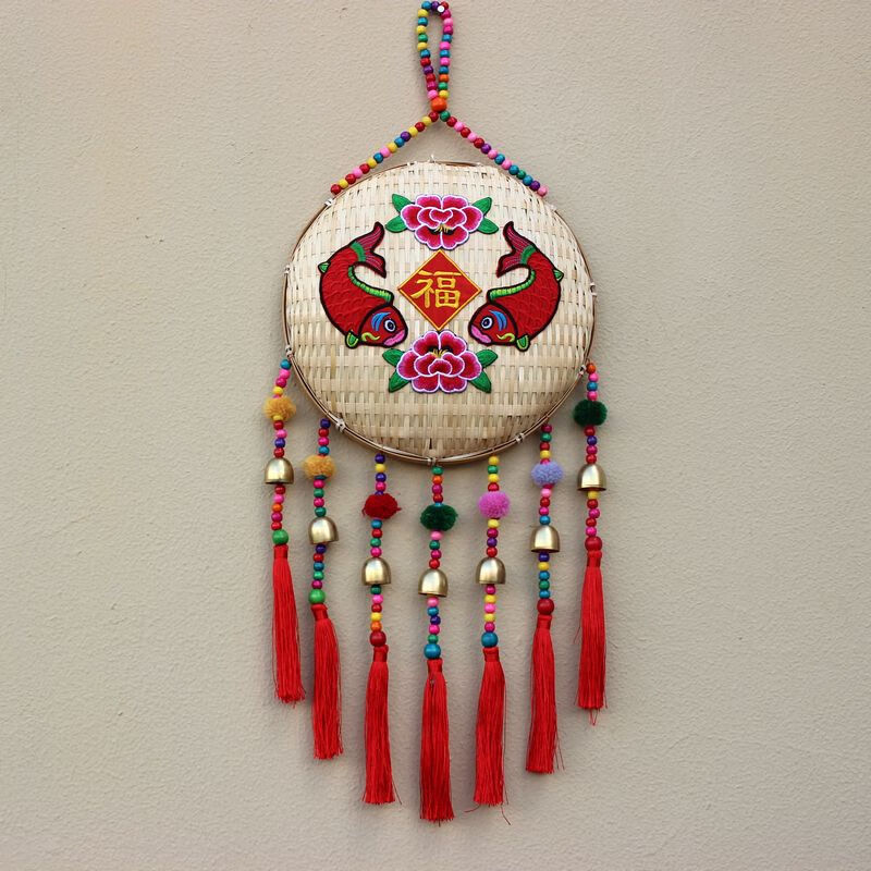 56个民族挂饰2022新款民族风特色农家乐餐厅竹编簸箕牛头装饰品玄关