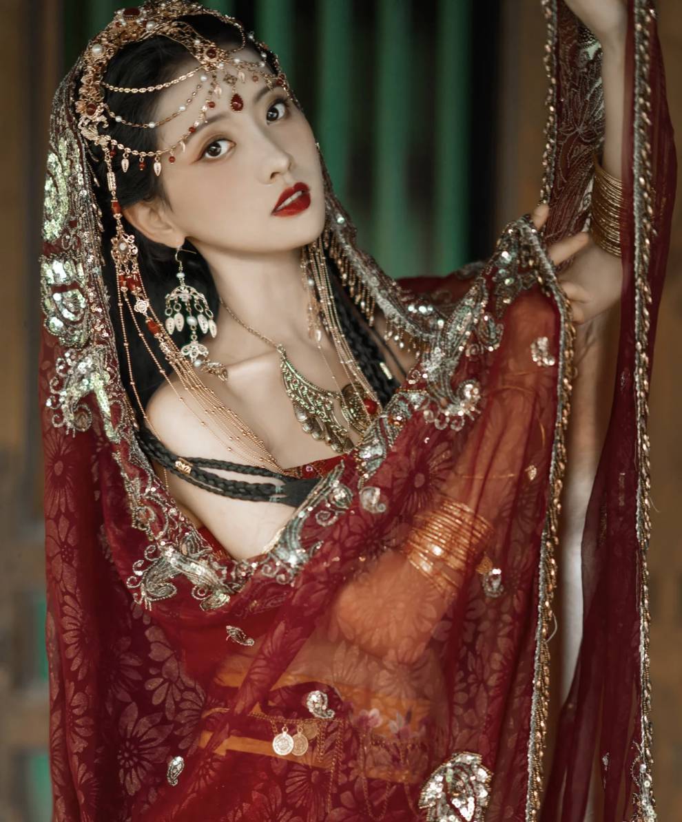 西域头纱 舞姬印度舞肚皮舞头纱异域风情披肩纱丽网红旅游度假拍照饰