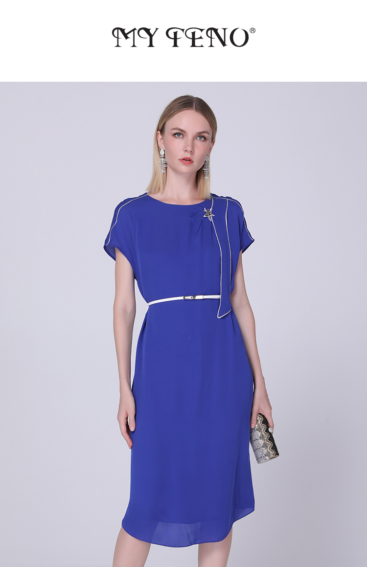 马天奴2022年春夏新款真丝蓝色连衣裙蝙蝠袖宽松 宫殿蓝 36/s【图片