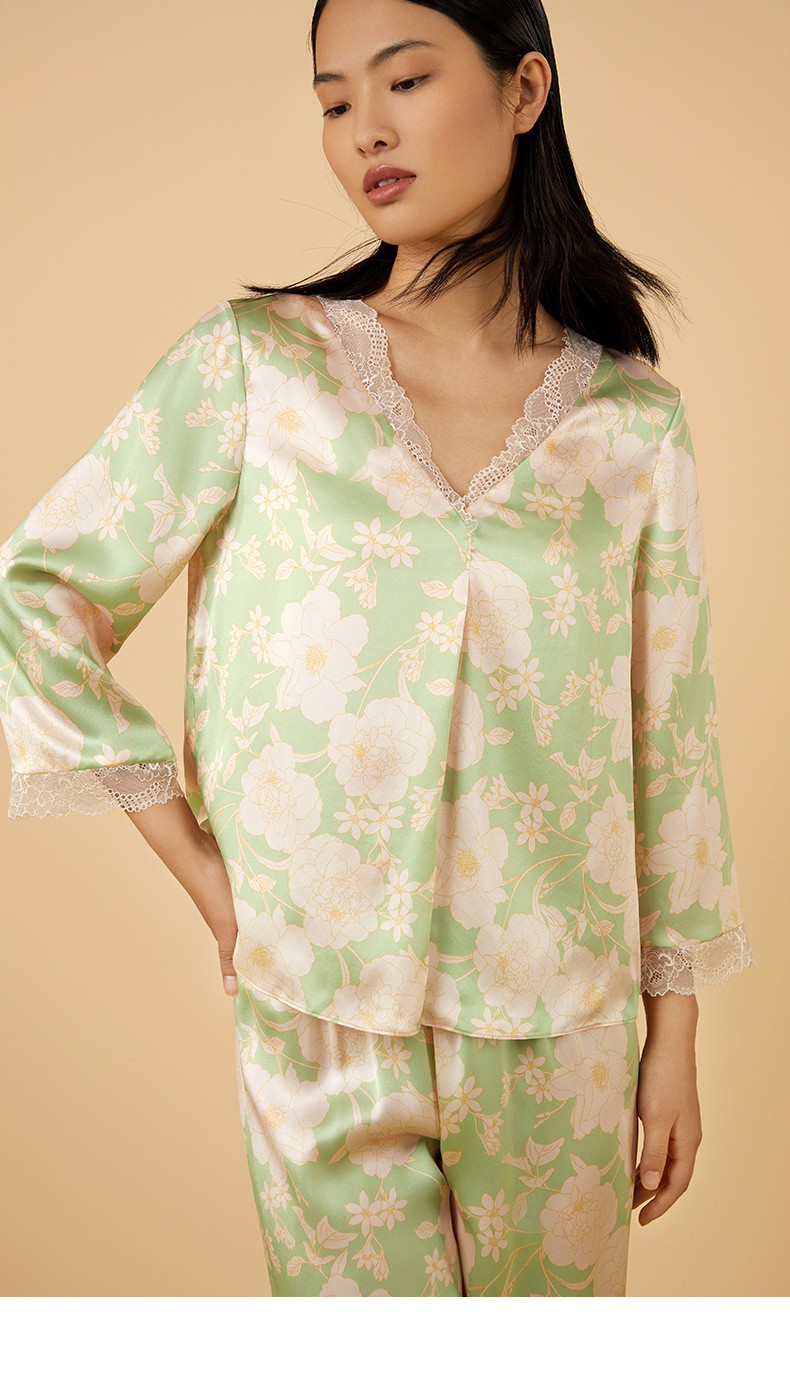 金三塔睡衣女真丝桑蚕丝优雅印花外穿长袖睡衣女士家居服ysfca206初夏