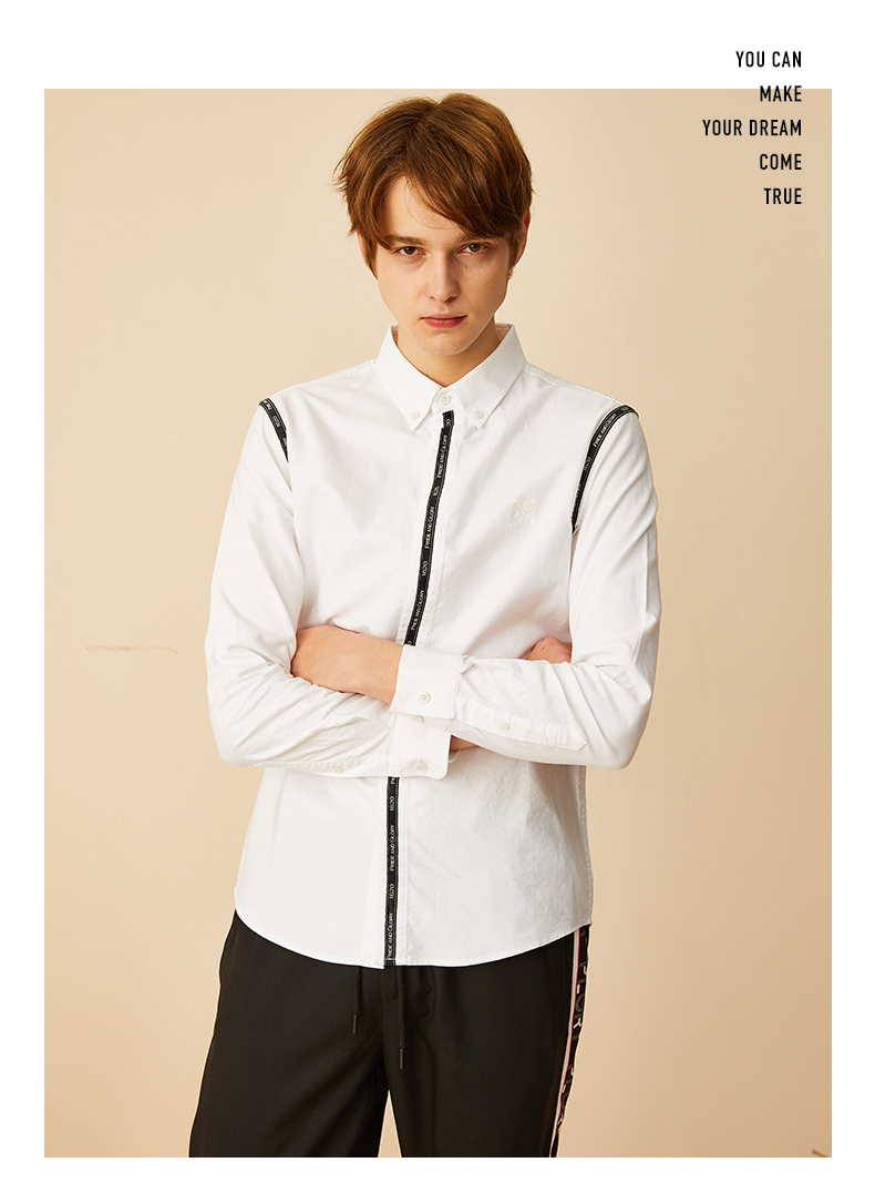 plory春款衬衣韩版潮流学院白色修身长袖衬衫男poyw961001象牙白175