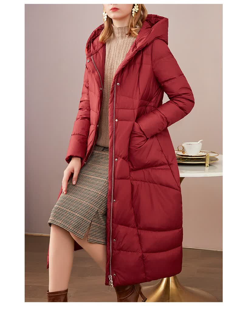 亦朵冬季红色鹅绒长款羽绒服女士过膝气质高端2022年新款收腰外套 酒