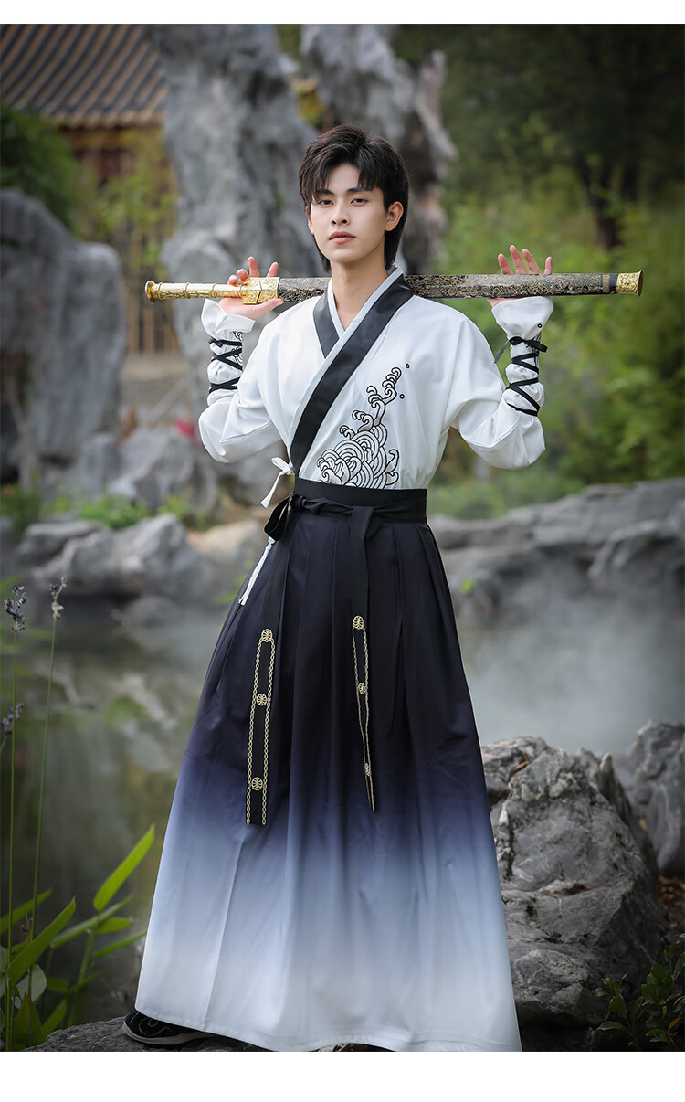 裳厢记汉服男锦衣卫 中国风古装大码交领长袖二件套汉服男生黑色书生