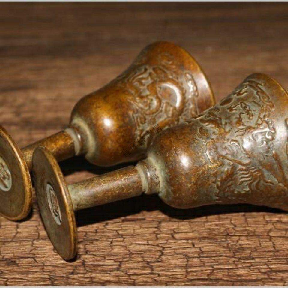 奈讯古玩真品老物件龙凤纹纯黄铜酒杯一对民国老铜器摆件杂项地摊捡漏